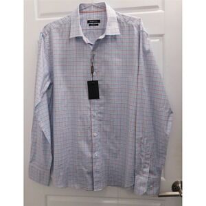 New Bugatchi Uomo100% Cotton Blue‎ White Orange Check Button Down Shirt L